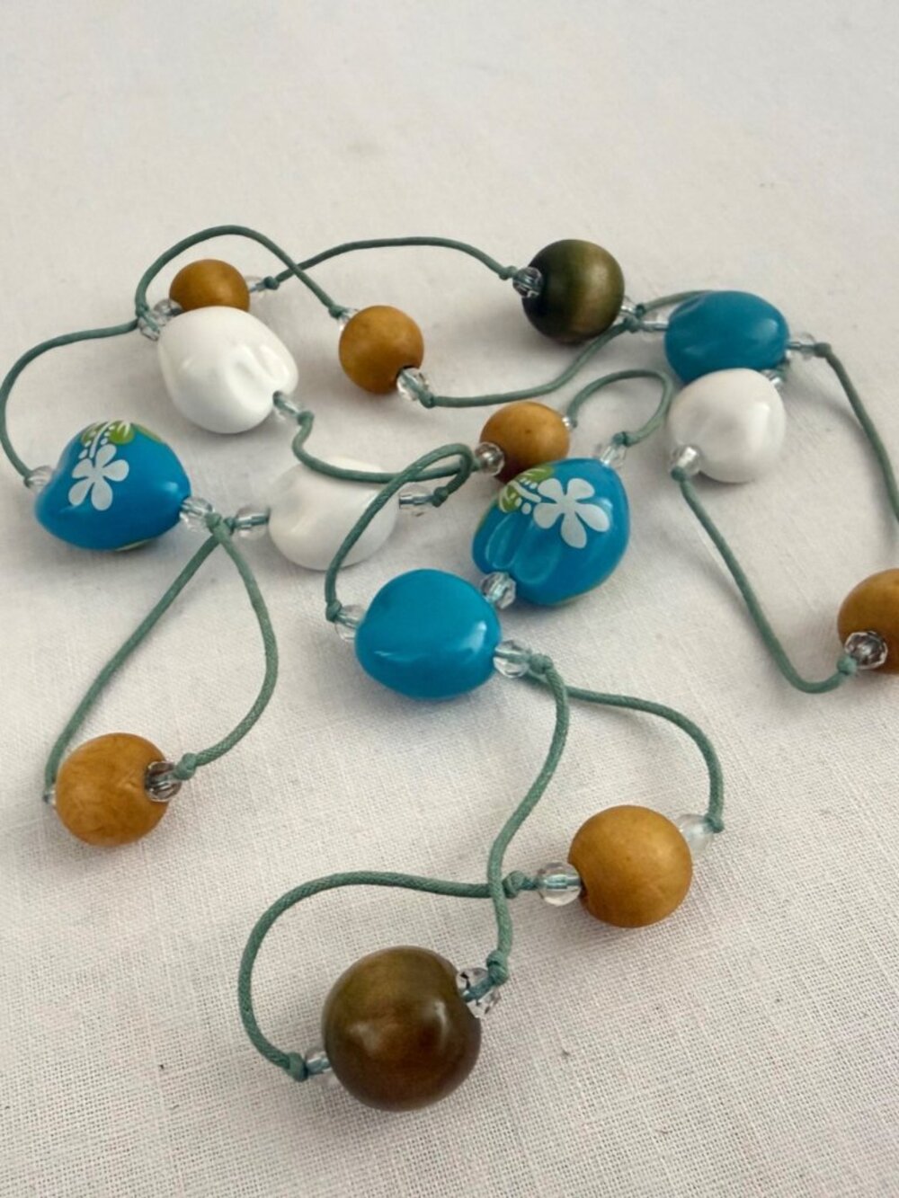 Long Beaded Necklace 50 Inch Blue Wood Wrap Boho Coastal - Picture 8 of 9